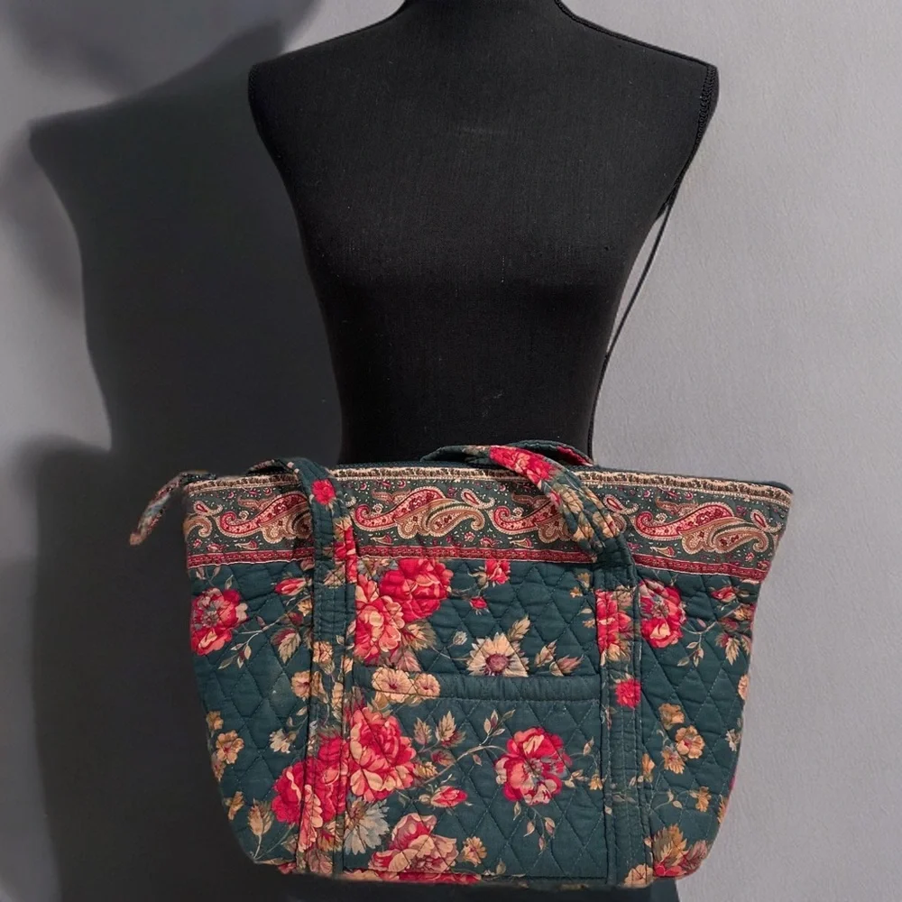80s Vintage Vera Bradley Greenbriar Red Roses Quilted Floral Tote Shoulder Bag